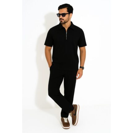 Mens Premium Ribbed half Zip PulloverTracksuit(Black Colour)