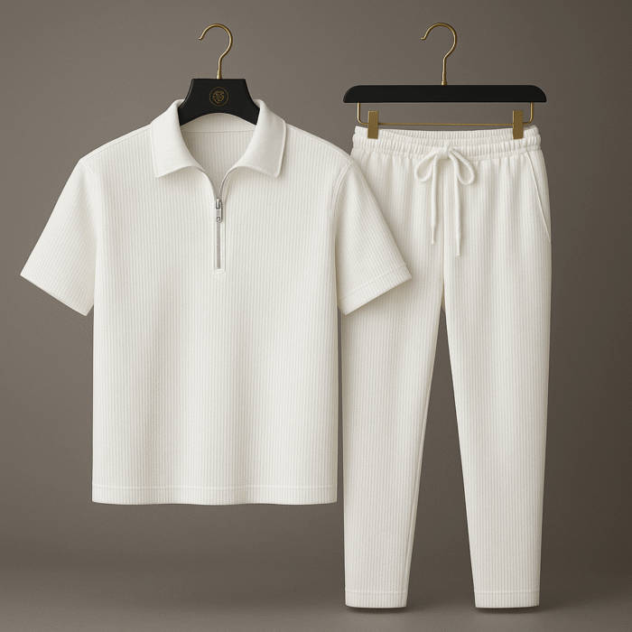 Mens Premium Ribbed half Zip Pullover Tracksuit(White) - Image 2