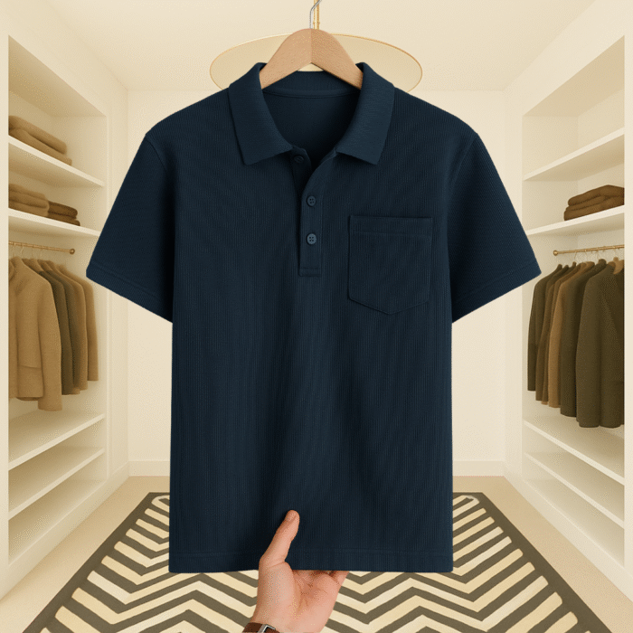 Men's Oversize Polo Neck Waffle T-Shirt(Blue)