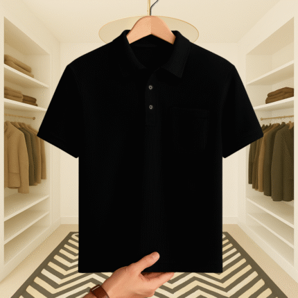 Men's Oversize Polo Neck Waffle T-Shirt(Black)