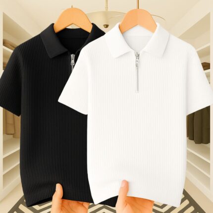 2 Pics Men's Premium Casual Top  Zipper Polo(White,Black)