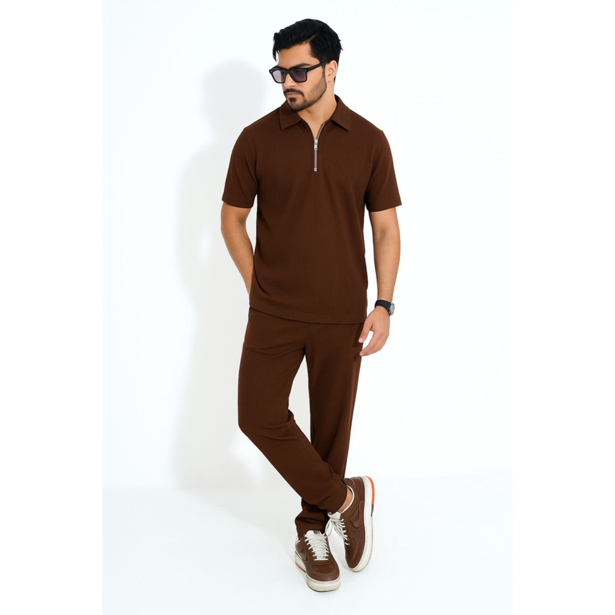 Mens Premium Ribbed half Zip Pullover Tracksuit(Coffee)