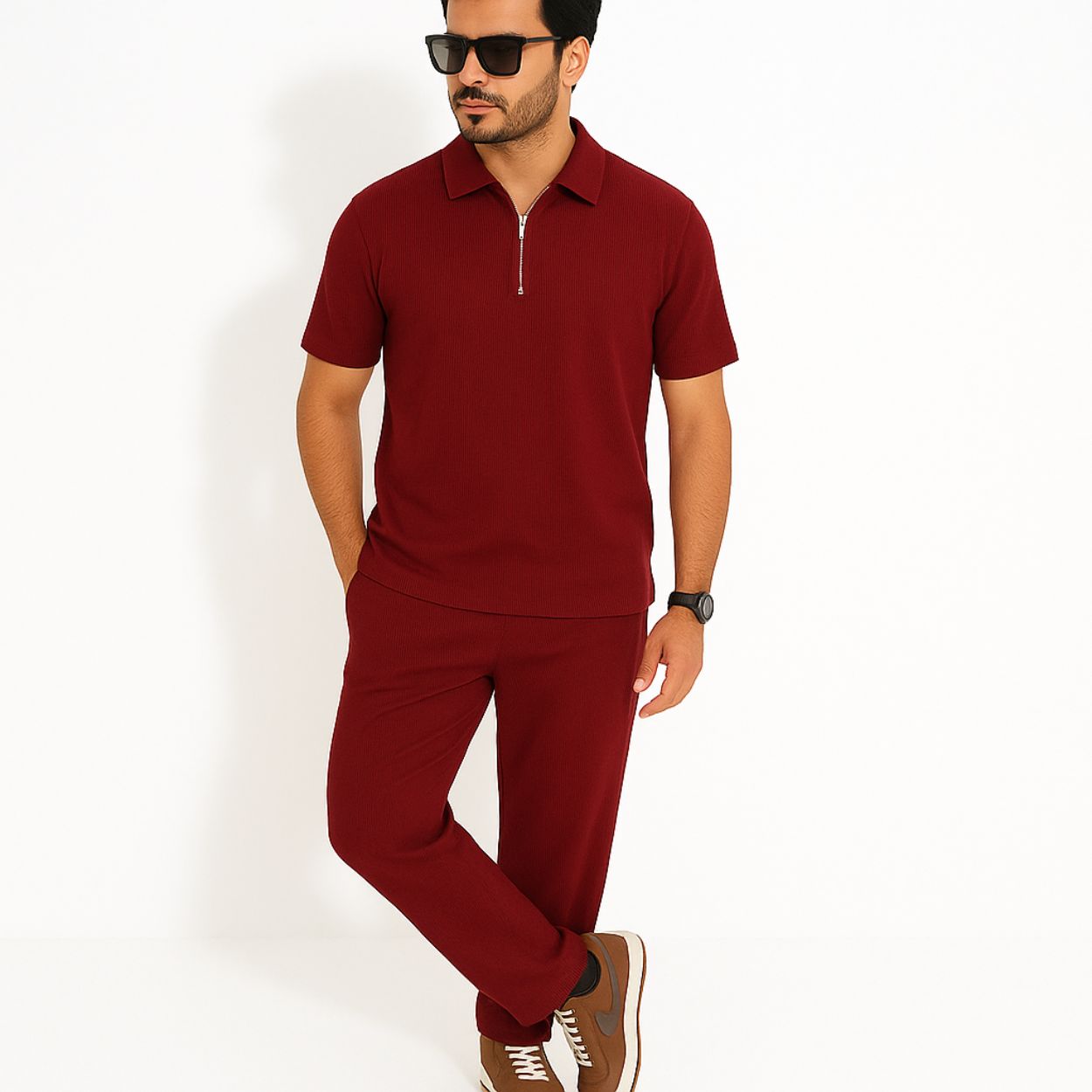 Mens Premium Ribbed half Zip PulloverTracksuit(Maroon Colour)