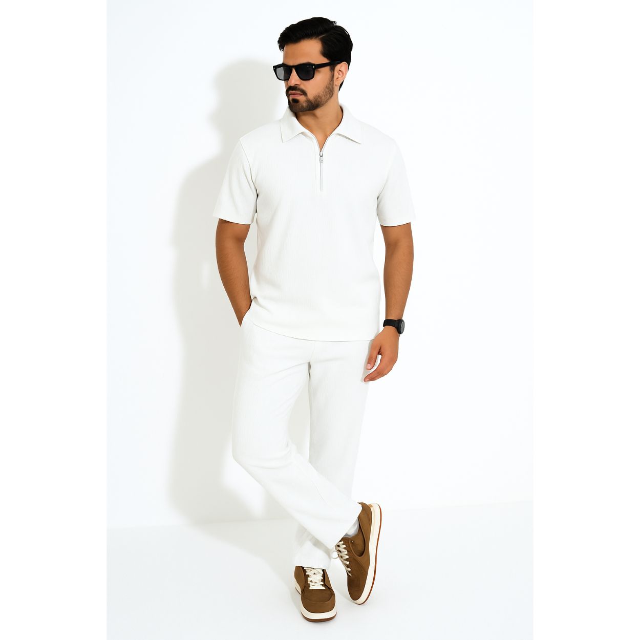 Mens Premium Ribbed half Zip Pullover Tracksuit(White)