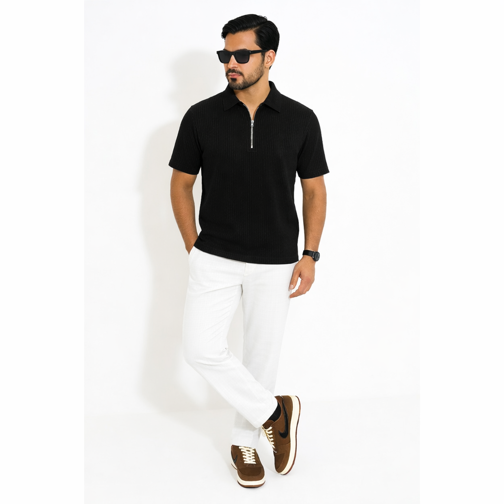 Mens Premium Black Zipper Polo & White Trouser Combo Set