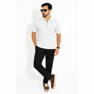 Mens Premium White Zipper Polo & Black Trouser Combo Set