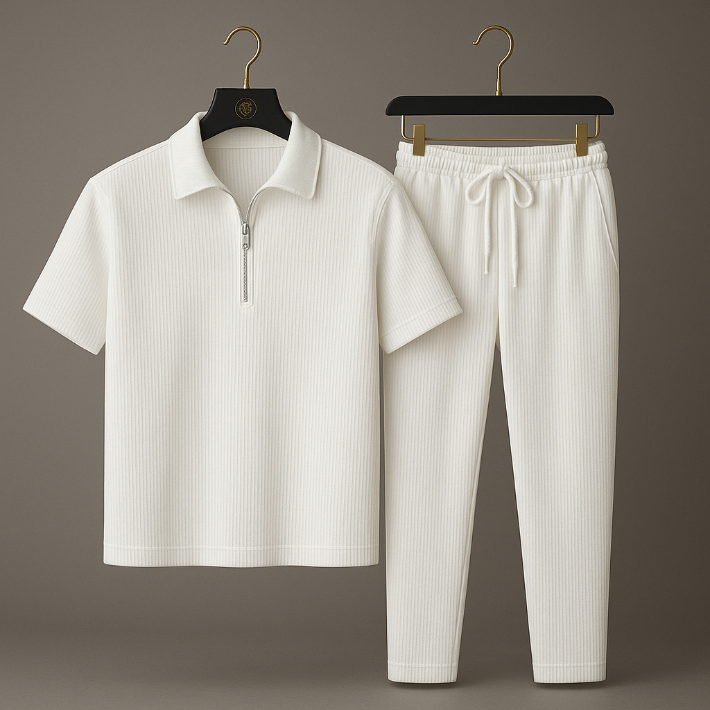 Mens Premium Ribbed half Zip Pullover Tracksuit(White) - Image 2