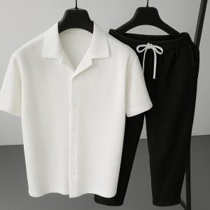 Korean Cherry Shirt White & Black Pant Combo Set
