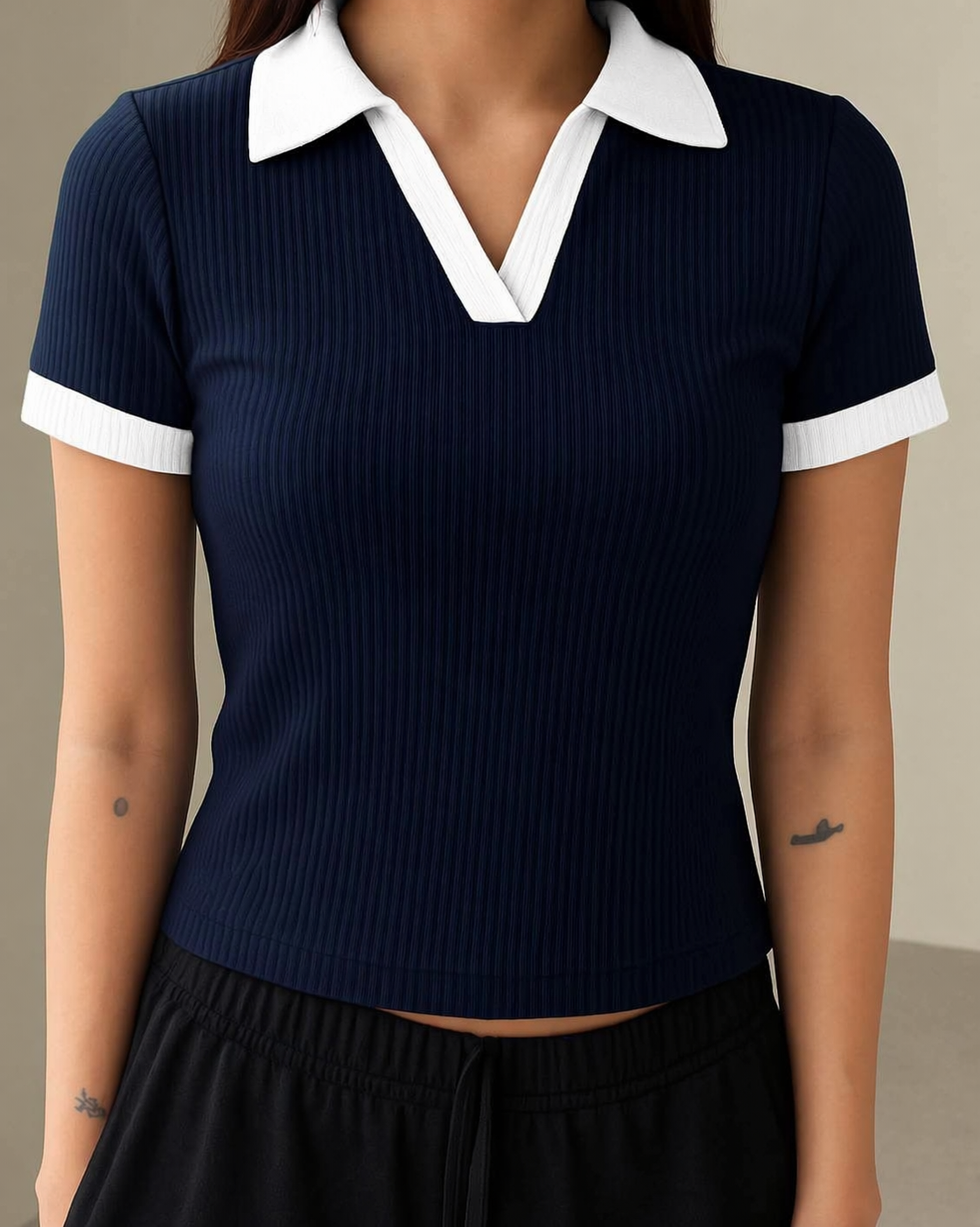 Half Sleeve Ribbed Knit T-shirt Thermal Top- Blue