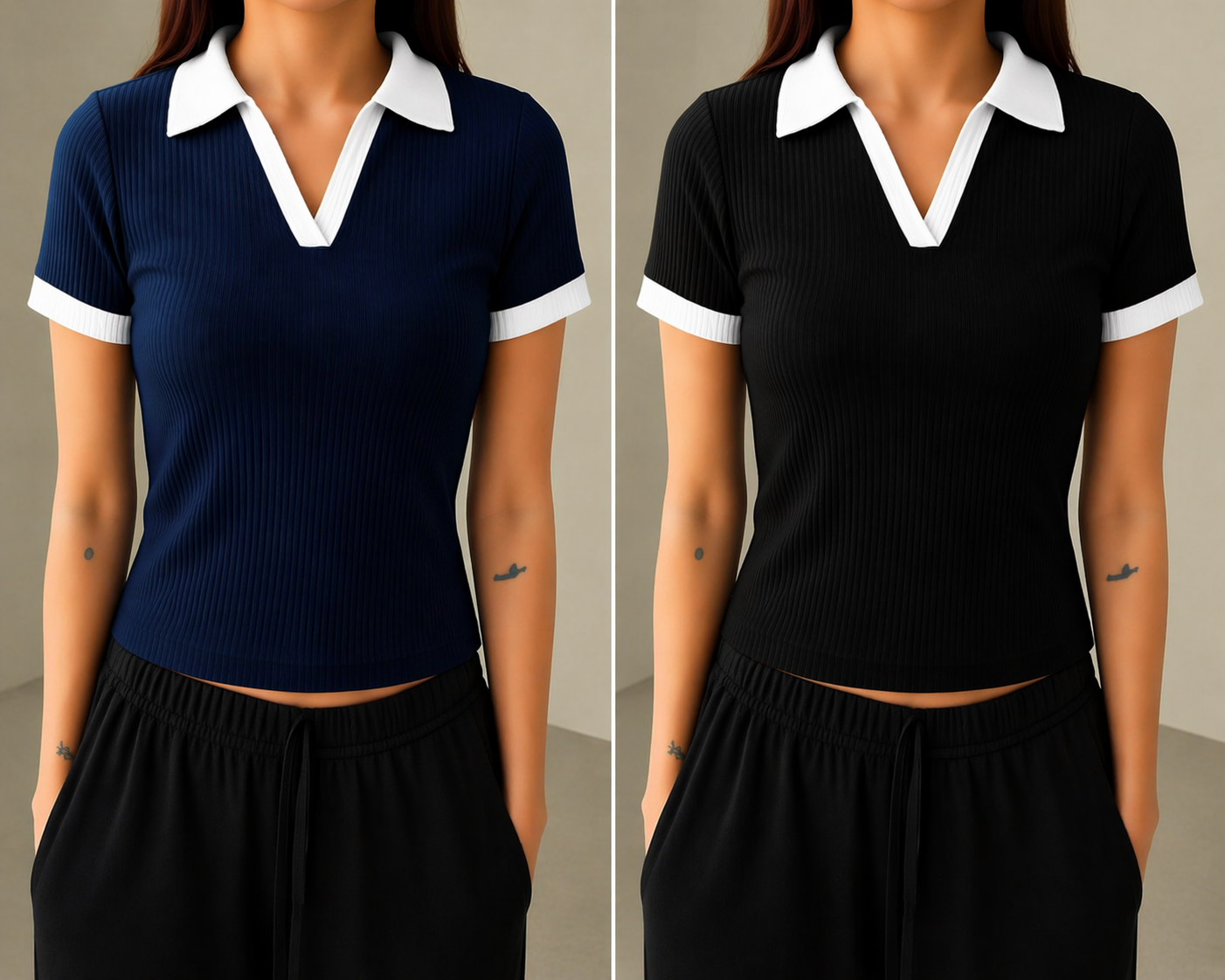 2 Pics Half Sleeve Ribbed Knit T-shirt Thermal Top- Black,Blue