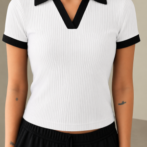 Half Sleeve Ribbed Knit T-shirt Thermal Top- White