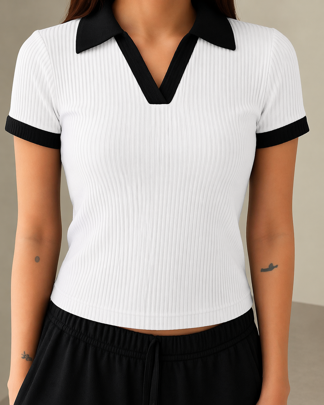 Half Sleeve Ribbed Knit T-shirt Thermal Top- White