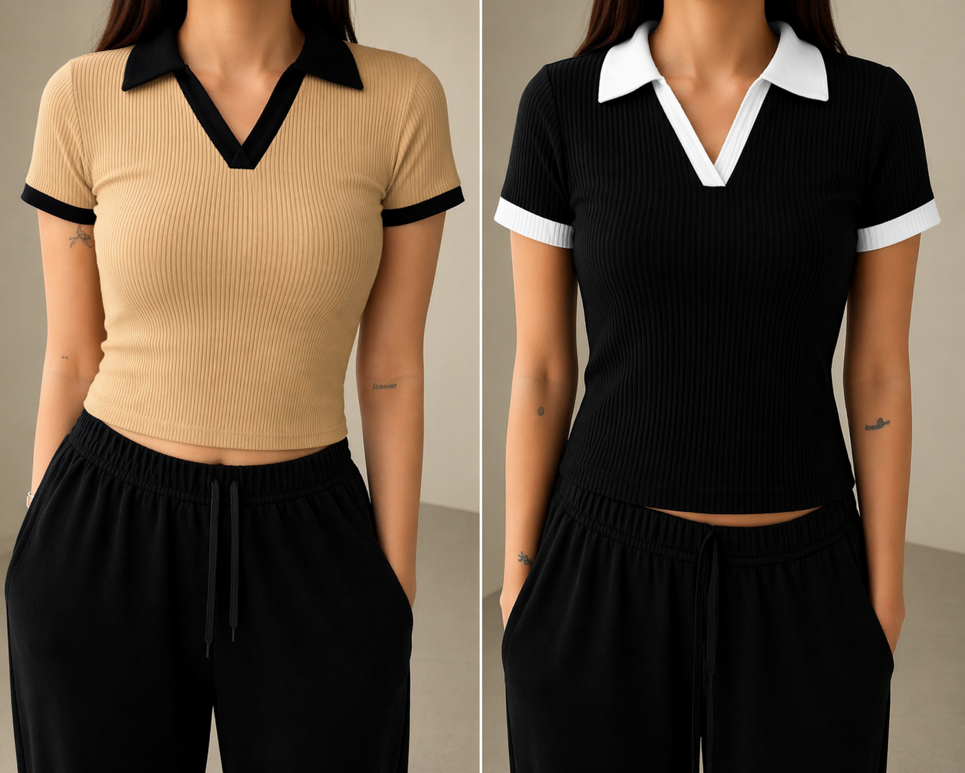 2 Pics Half Sleeve Ribbed Knit T-shirt Thermal Top- Brown,Black