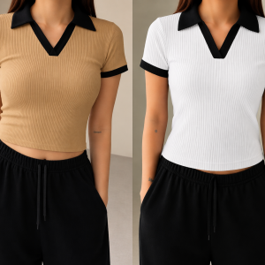 2 Pics Half Sleeve Ribbed Knit T-shirt Thermal Top- Brown,White