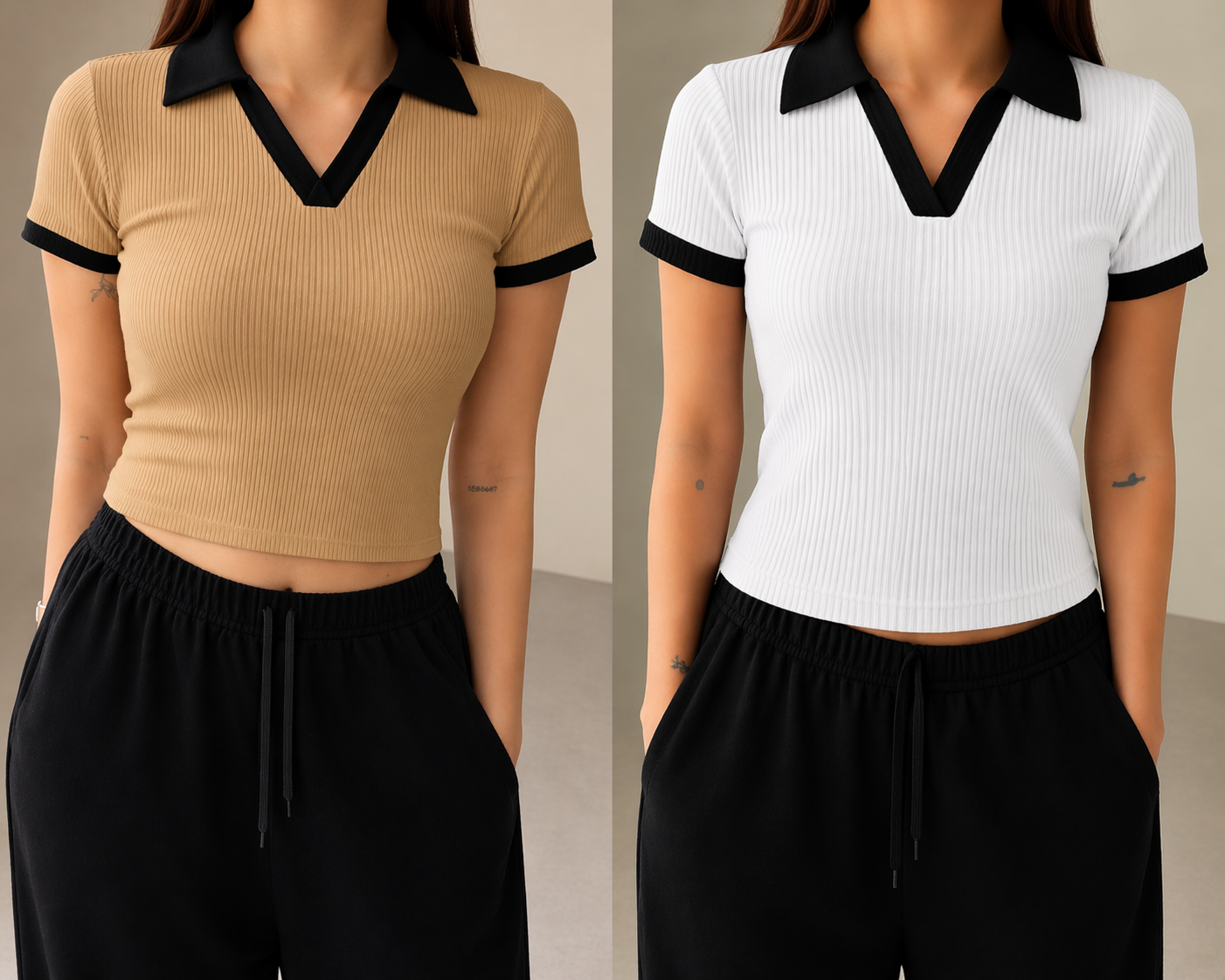 2 Pics Half Sleeve Ribbed Knit T-shirt Thermal Top- Brown,White