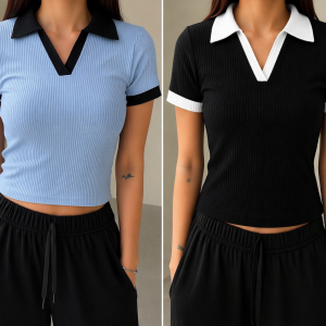 2 Pics Half Sleeve Ribbed Knit T-shirt Thermal Top- Sky,Black