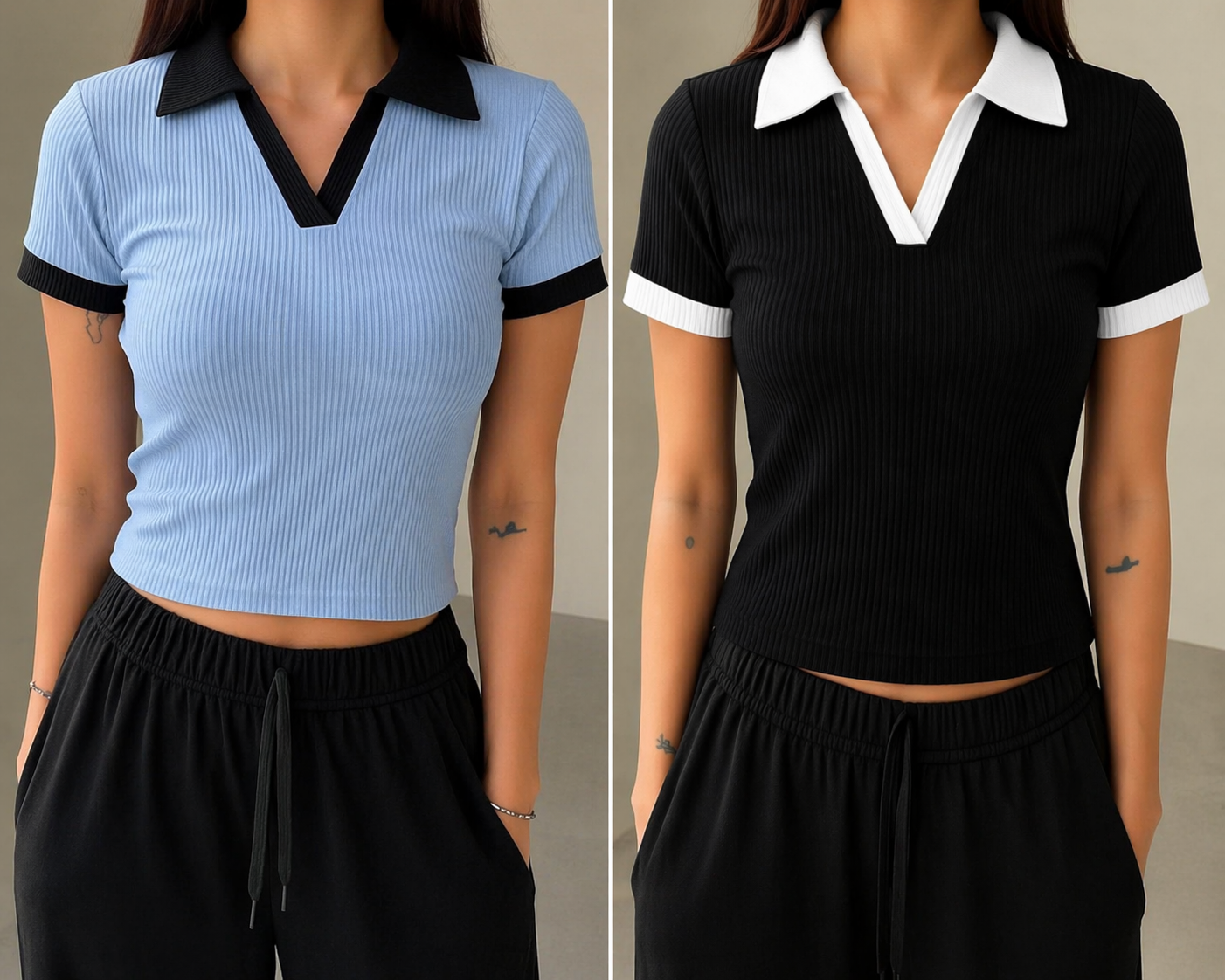 2 Pics Half Sleeve Ribbed Knit T-shirt Thermal Top- Sky,Black