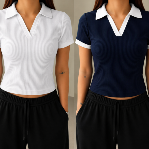 2 Pics Half Sleeve Ribbed Knit T-shirt Thermal Top- White,Blue
