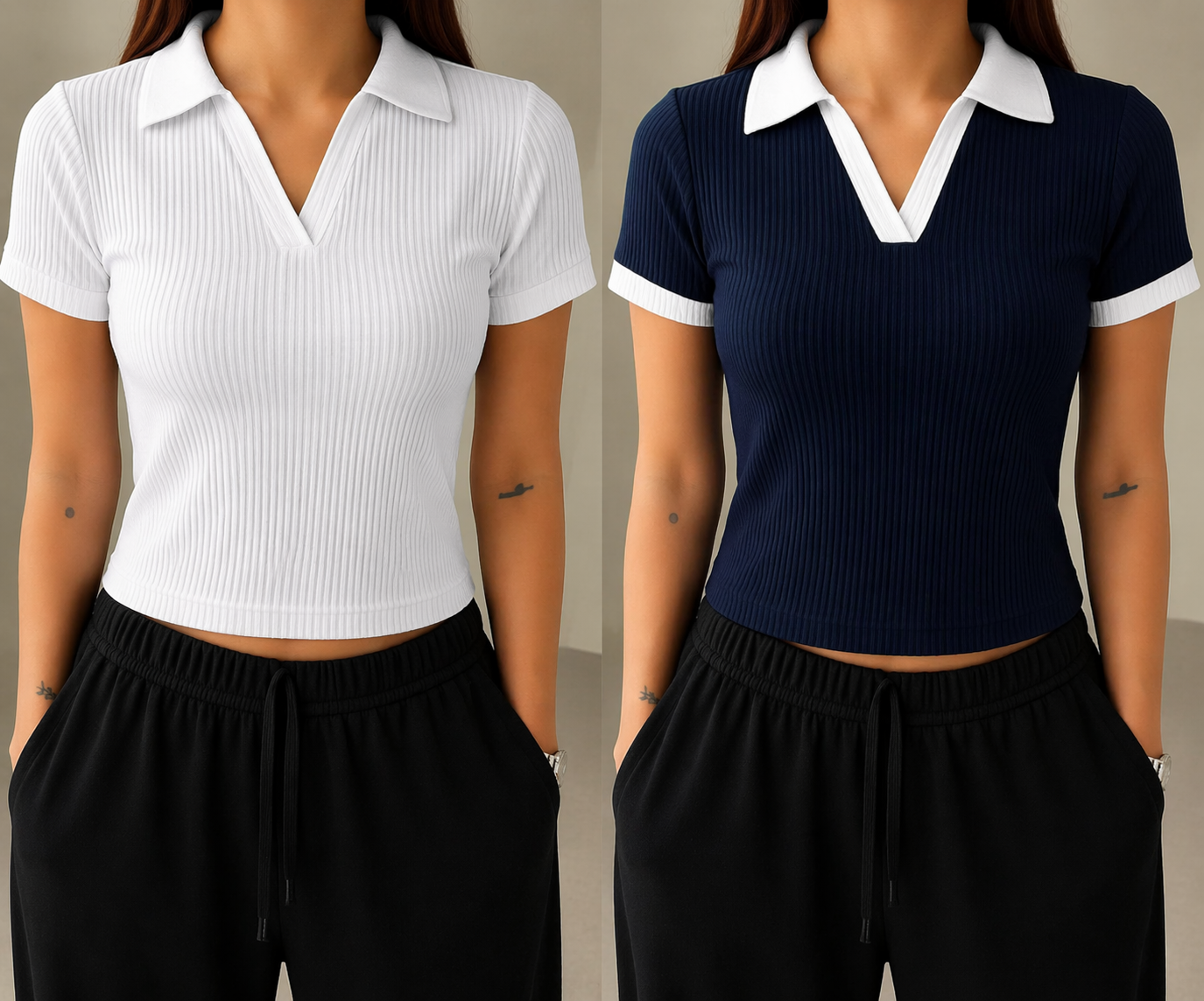 2 Pics Half Sleeve Ribbed Knit T-shirt Thermal Top- White,Blue