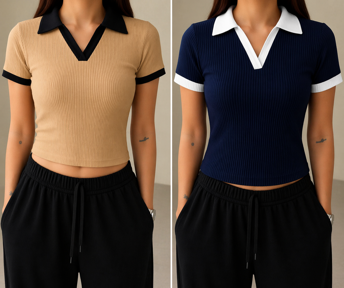 2 Pics Half Sleeve Ribbed Knit T-shirt Thermal Top- Brown,Blue