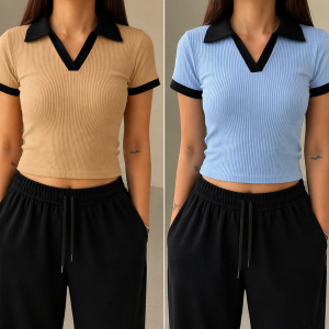 2 Pics Half Sleeve Ribbed Knit T-shirt Thermal Top- Brown,Sky