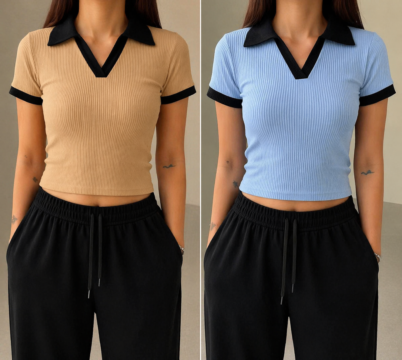 2 Pics Half Sleeve Ribbed Knit T-shirt Thermal Top- Brown,Sky