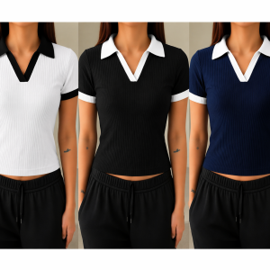 3 Pics Half Sleeve Ribbed Knit T-shirt Thermal Top- White,Black,Blue