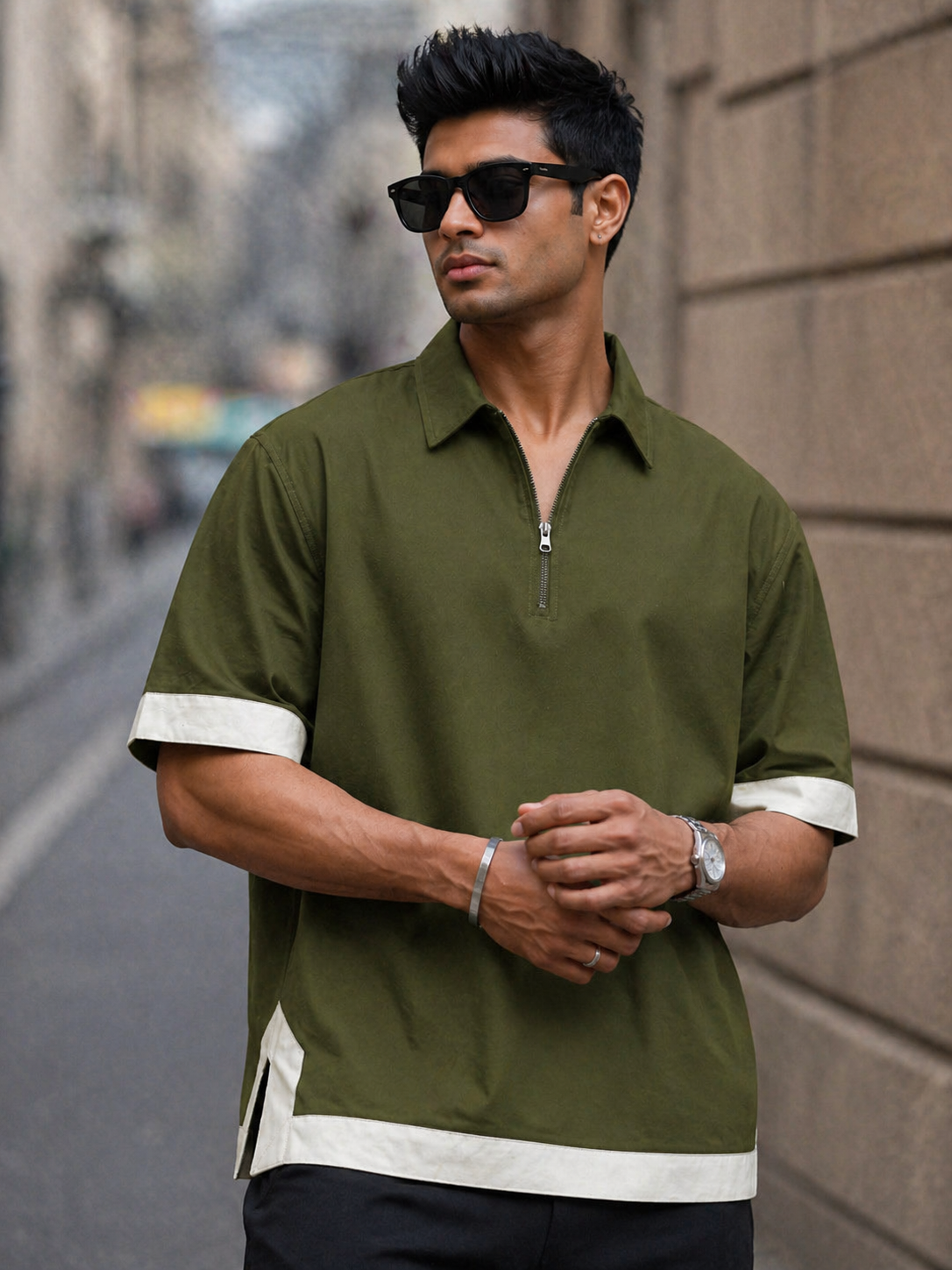 Boxy Fit Zipper Shirt,Redefine Your Style- Olive