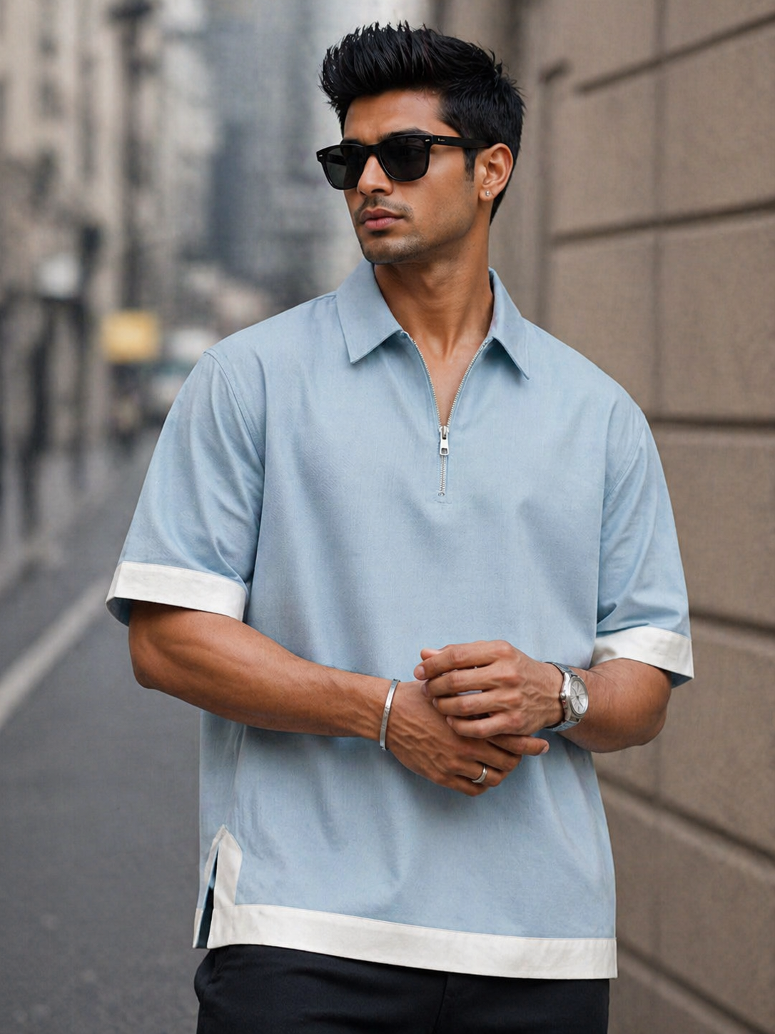 Boxy Fit Zipper Shirt,Redefine Your Style- Sky