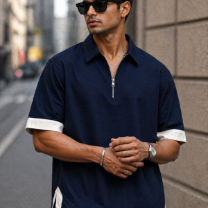 Boxy Fit Zipper Shirt,Redefine Your Style- Blue