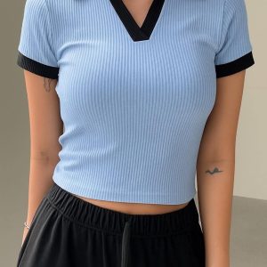 Half Sleeve Ribbed Knit T-shirt Thermal Top- Sky