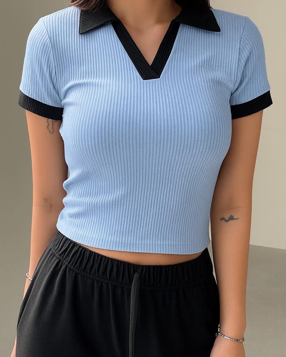 Half Sleeve Ribbed Knit T-shirt Thermal Top- Sky