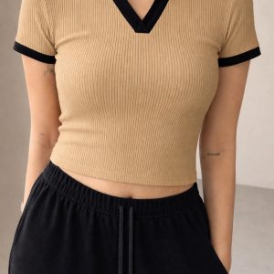 Half Sleeve Ribbed Knit T-shirt Thermal Top- Brown