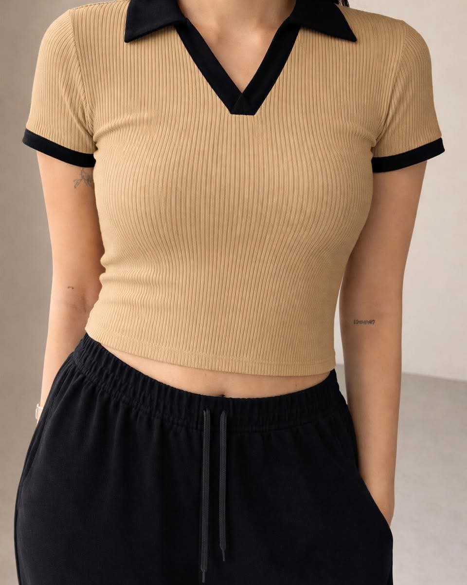Half Sleeve Ribbed Knit T-shirt Thermal Top- Brown