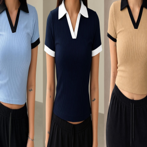 3 Pics Half Sleeve Ribbed Knit T-shirt Thermal Top- Sky,Blue,Brown