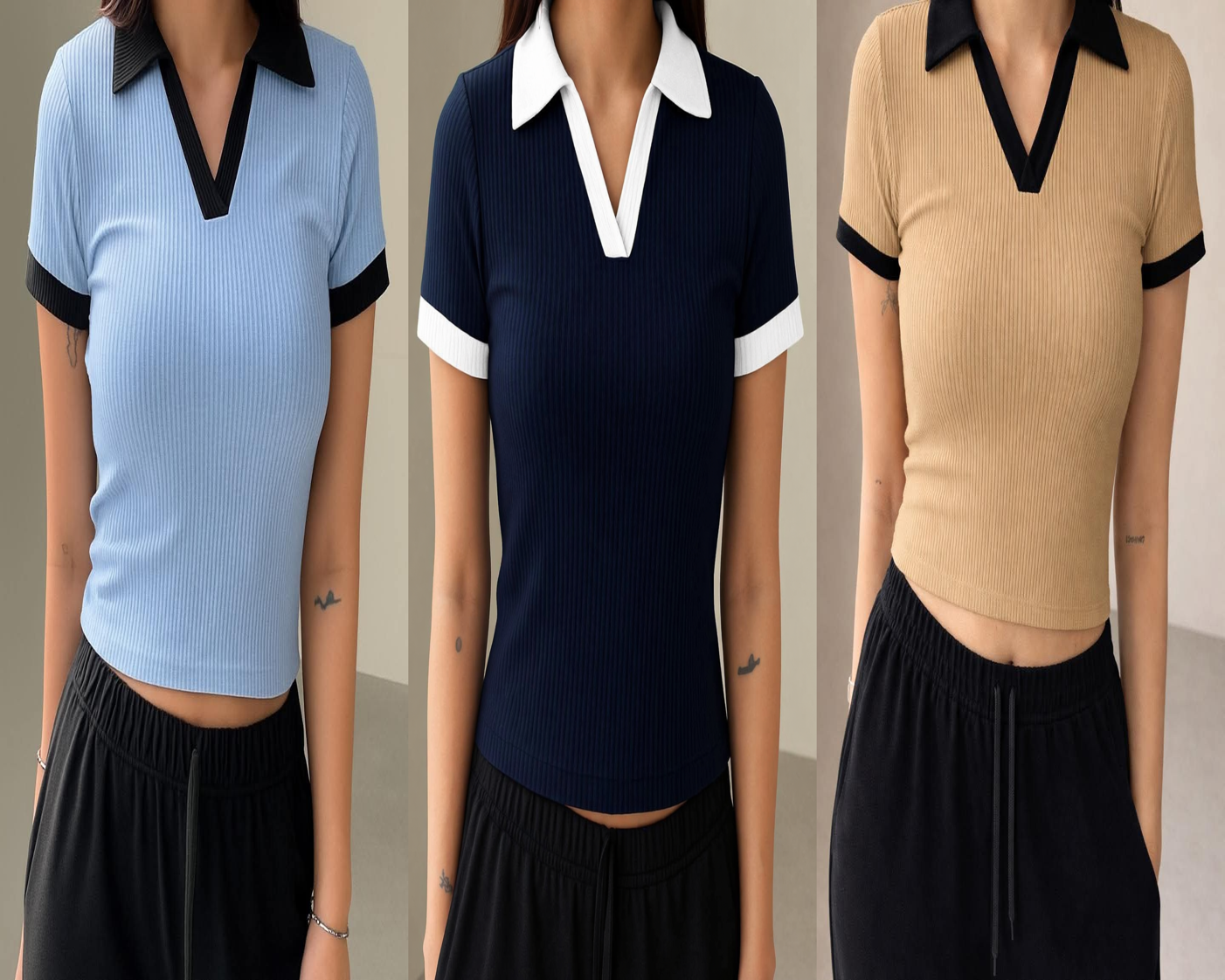 3 Pics Half Sleeve Ribbed Knit T-shirt Thermal Top- Sky,Blue,Brown