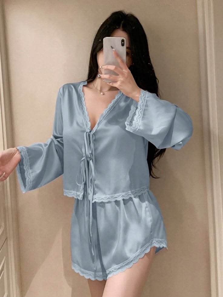 Women Lace Satin Tie-Front Pajama Set (Top & Shorts)-Sky Blue