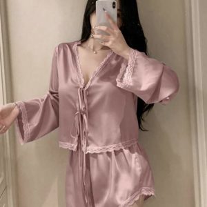 Women Lace Satin Tie-Front Pajama Set (Top & Shorts)-Dusty Pink