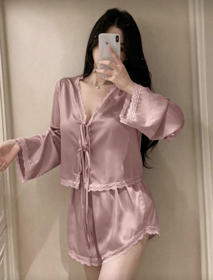 Women Lace Satin Tie-Front Pajama Set (Top & Shorts)-Dusty Pink