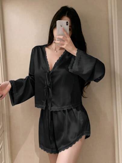 Women Lace Satin Tie-Front Pajama Set (Top & Shorts)-Black