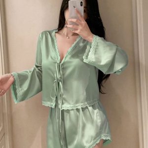 Women Lace Satin Tie-Front Pajama Set (Top & Shorts)-Mint Green