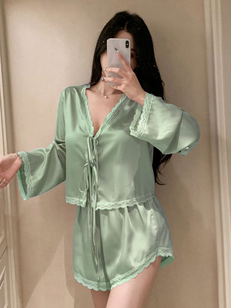 Women Lace Satin Tie-Front Pajama Set (Top & Shorts)-Mint Green