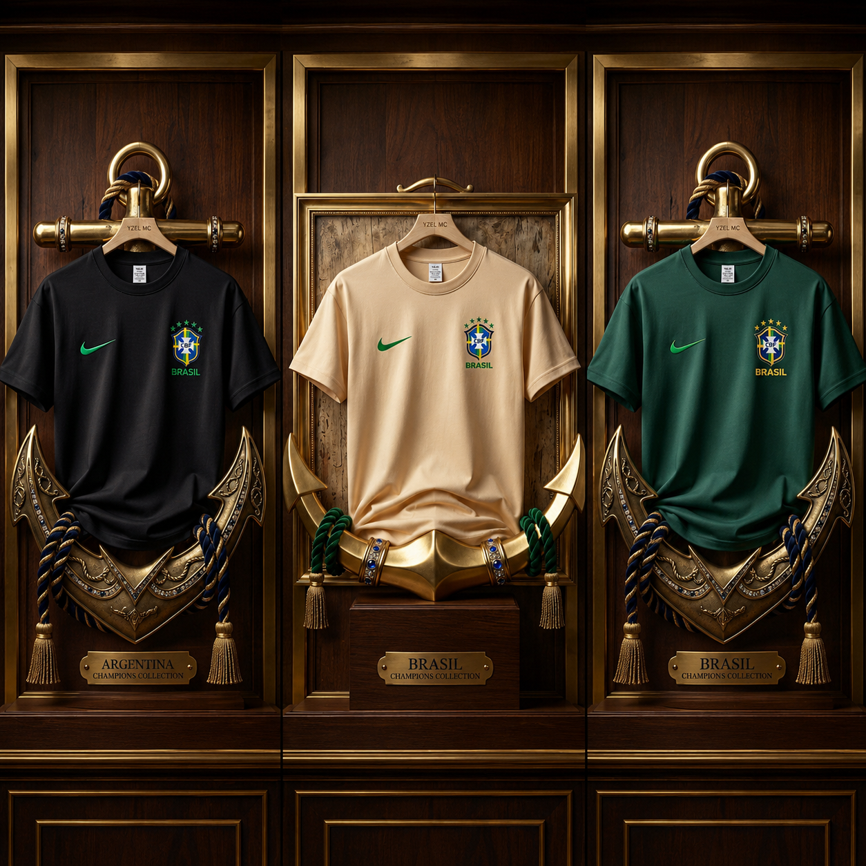3 Pics Brasil Premium Drop Shoulder T-Shirt-Black,Cream,Green